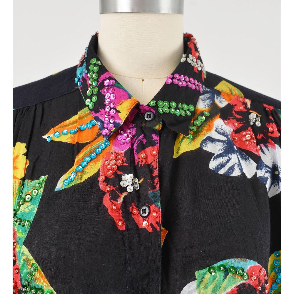 Vintage 90s Black Tropical Floral Beaded Button Down Blouse size L XXL - Picture 7 of 9